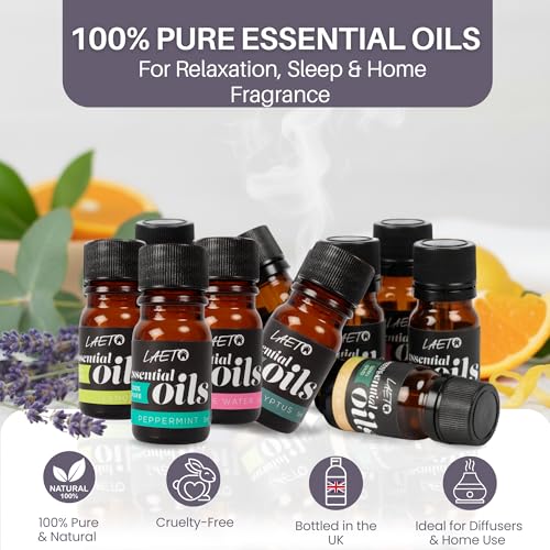 Laeto Essential Oils Set 12 x 5ml | 100% Pure Essential Oils for Diffusers, Burners & Humidifiers | Aromatherapy Oil Gift Collection with Lavender, Peppermint, Lemon, Orange & More - Image 3