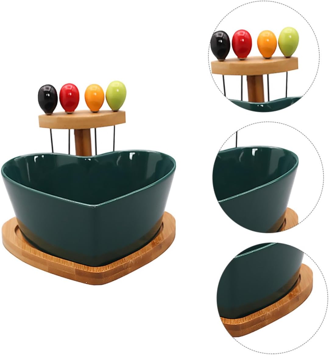 Ceramic Heart-shaped Fruit Bowl with Forks 1pcs Green Porcelain Salad Serving Dish for Household Kitchen Dining and Snack Use