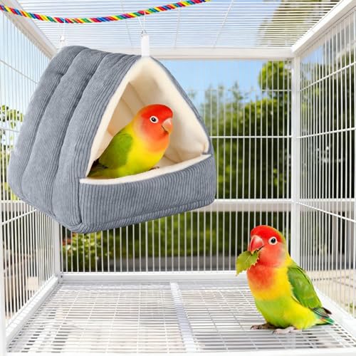 Image of Small Winter Warm Bird Bed for Cage with Soft Plush Hanging Hammock & Hut Tent, Hideaway Sleeping Nest for Budgies, Cockatiels, Small Animals, and Guinea Pig Hideouts (Grey, S)
