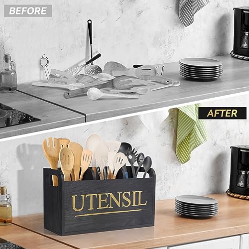 Black Wooden Kitchen Utensil Holder with 3 Compartment Larger Utensil Holder for Kitchen Counter Removable Cover for Efficient Utensil Organizer and Cooking Tools Storage, KUH_05 - Image 3