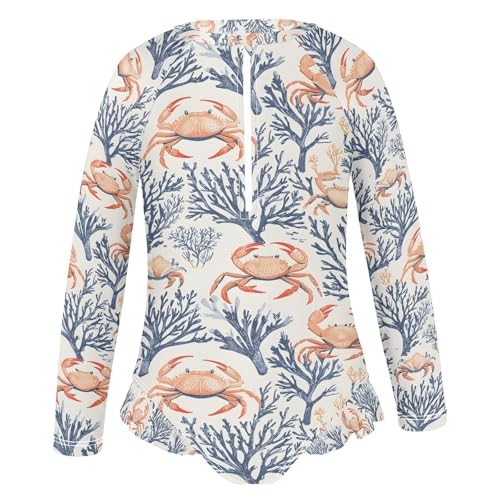 ALAZA Crab Coral Reef Red Blue Girls One Piece Swimsuit Long Sleeve Rashguard Swimsuit UV 50+ Swimwear Zip2