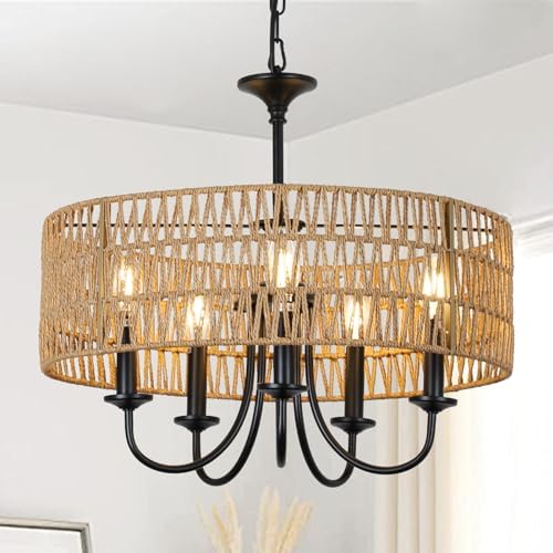 LAMSU Modern Farmhouse Chandelier Light Fixtures, 5-Lights Large Rattan Pendant Lighting with Hand Woven Wicker Shade, Boho Black Chandeliers for Dining Room Living Room Kitchen Island Bedroom