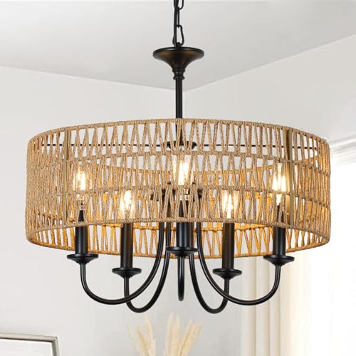 LAMSU Modern Farmhouse Chandelier Light Fixtures, 5-Lights Large Rattan Pendant Lighting with Hand Woven Wicker Shade, Boho Black Chandeliers for Dining Room Living Room Kitchen Island Bedroom by LAMSU - Used condition - US$53.99