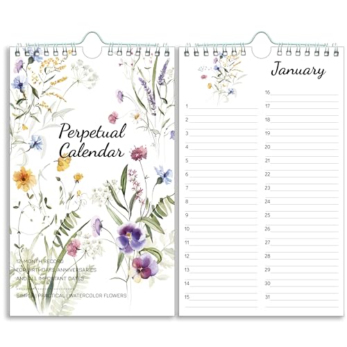 Perpetual Calendar Undated Calendar 12-Month for Birthday Anniversaries Important Days Festivals Reminder 6 x 10 with 2 Lines Per Days Twin-wire Binding Thicker Paper Minimalist Flowers