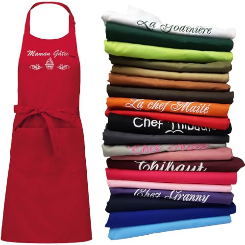 Vanevitch Tablier Personnalisé et Brodé avec un Prénom, Texte, Top Qualité 100% Coton 280gr, 26 Coloris, 30 Motifs