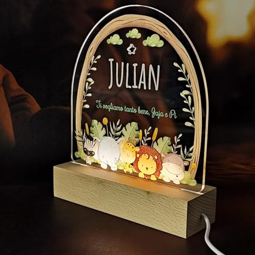 PV Grafik® Lampada Personalizzata Regalo Natale Bambina, Lampada Safari Bimbo, Luce Notturna Animali Giungla, Regalo Battesimo Bambino, Regalo Personalizzato Neonato, Lampada Animaletti.(S1)