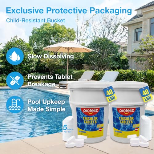 Image of PROFELIZ 2-Pack Chlorine Tablets 3 Inch for Swimming Pools, Kills Bacteria and Stops Algae, Slow Dissolving,Exclusive Protective Packaging,Pool Chlorine Tablets,2X 40 lbs Bucket,Total of 80lbs
