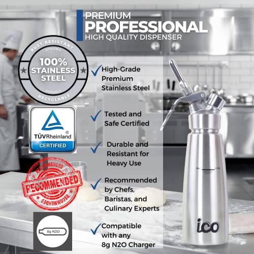 Ico 0.5 Liter (1 Pint) Professional Stainless Steel Whipped Cream Dispenser For Homemade Whipping Cream, Whipped Cream Maker + Ico Funnel And Sieve #TOP3