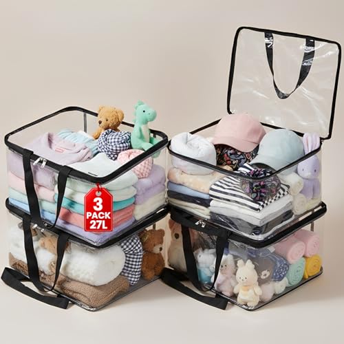 Image of JD FRESH 3 Pcs 27L Transparent Plastic Storage Bags for Clothes with Zipper & Handles /Foldable Saree Covers /PVC Wardrobe Organizer /Multipurpose Storage Bags /Blanket /Bedsheet /Lehenga /Shirts-40x32x22