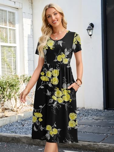 Image of Heymoments Women's Casual Short Sleeve Midi Dress Crewneck A Line Tiered Flowy Loose Travel Long Dresses with Pockets