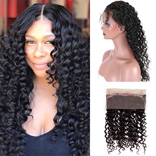 Deep Curly 360 Lace Frontal Brazilian Deep Wave Human Hair Free Part Pre-plucked Closure Swiss Lace Remy Hair 1Piece 10-20inch (20inch, natural color)