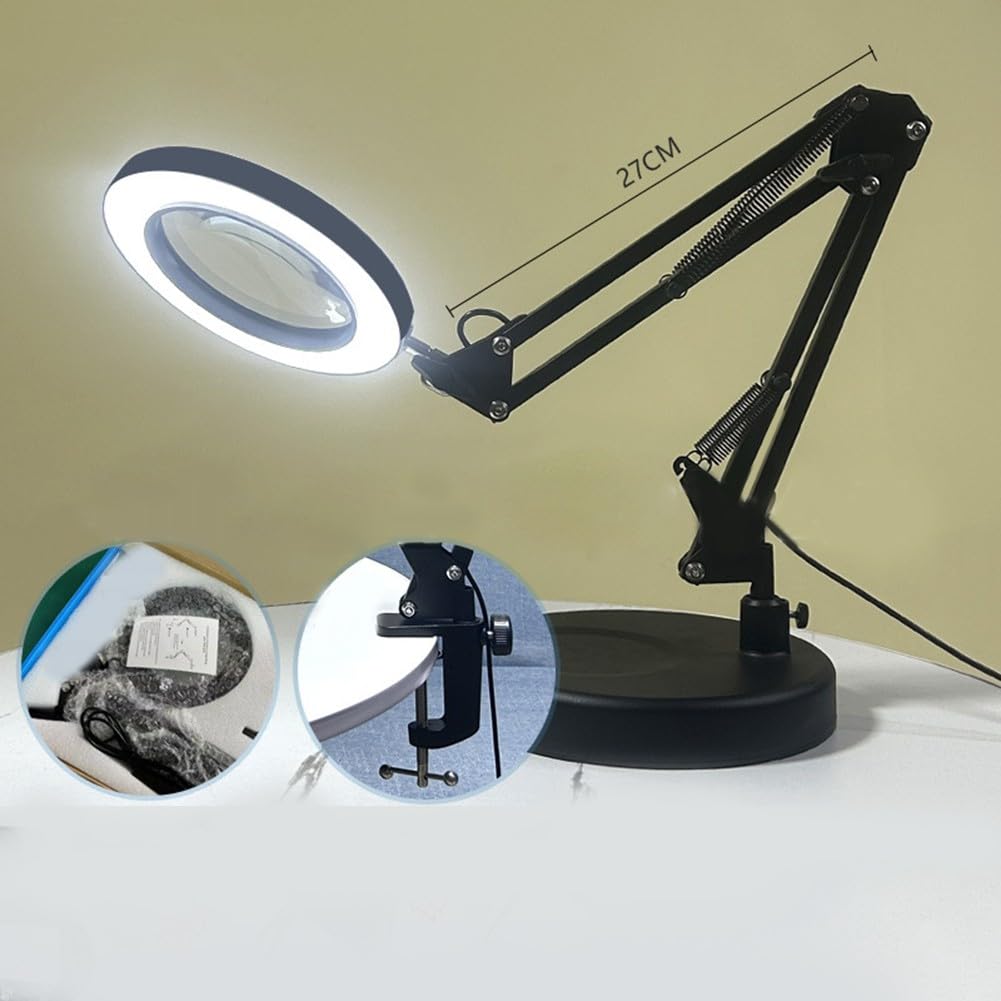 Szkło powiększające LED z 5 trybami kolorów i ściemnianym światłem, soczewka ze szkła optycznego 4,3 cala, biurko 2 w 1 i lampa z klipsem do hobby i rzemiosła