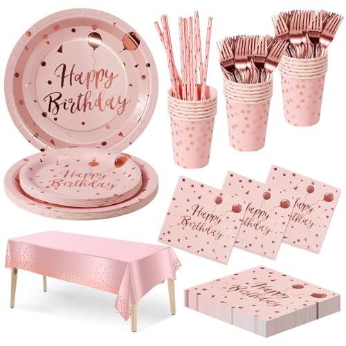 Nkaiso Anniversaire Party Vaisselle, 20 invités Pink et Rose Or Kit Vaisselles Anniversaire Assiette Dîner Papier Tasse Serviette Réutilisable Couverts...