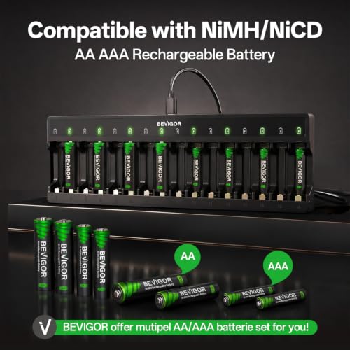 Image of BEVIGOR Rechargeable AA Batteries with Charger, 18 Pack 2800mAh High Capacity Ni-MH Double A Batteries with Smart 16 Bay Smart Battery Charger, USB Fast Charging