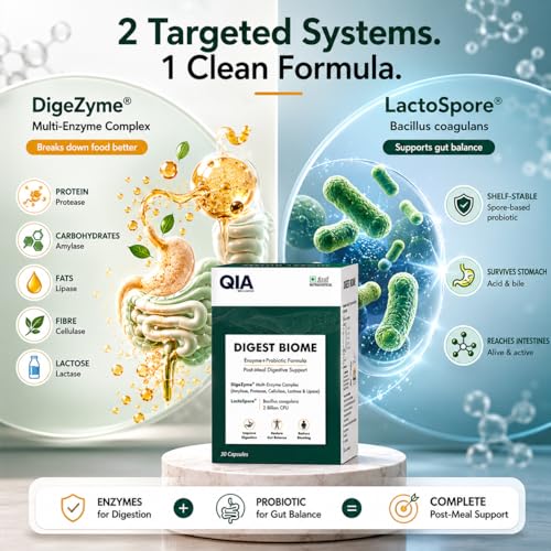 Image of QIA Digest Biome | Digestive Enzyme & Probiotic Capsules | DigeZyme 100 mg + LactoSpore 2 Billion CFU | Digestive Support for Heavy Meals, High Protein Diet & Daily Gut Health | 30 Capsules