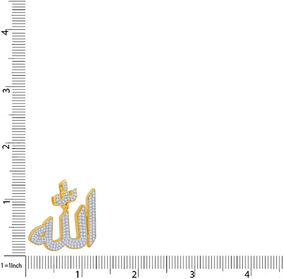 VVS1/D 2.25 Ctw. Real Italian Sterling Silver 14K Gold Finish Simulated Diamonds Allah God Muslim Islamic Arabic Charm Pendant +Free Rope Chain Neckless