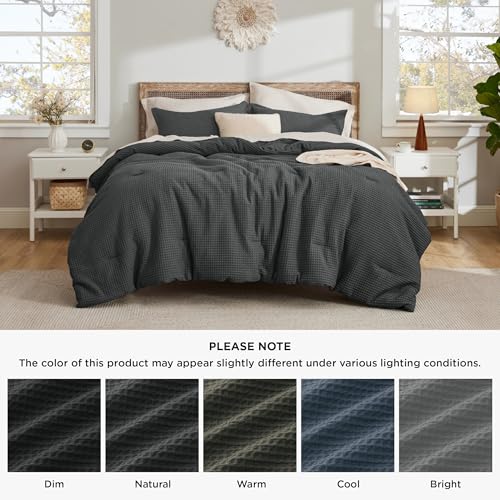 Image of Bedsure Waffle Comforter Set Queen, Charcoal Soft Bedding, Waffle Weave Bed Set, 3 Pieces, 1 Comforter (90 inchx90 inch) and 2 Pillow Shams, Cotton Shell and Polyester Lining for All Seasons