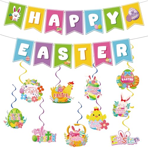 Image of Happy Easter Banner and Egg Bunny Chicken Hanging Swirls for Easter Party Decorations Indoor Outdoor Home Classroom Baby Showers 1st Birthday Decor