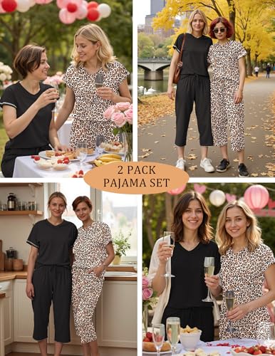 Marvmys Womens 2 Pack Pajama Sets Short Sleeve Pajamas Tops and Capri Pants Pjs Print Lounge Sets with Pockets S-3XL2