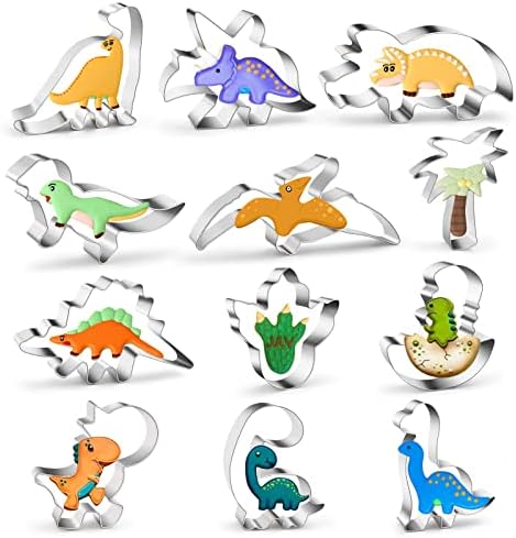 Dinosaur Cookie Cutters Set of 12, Steel Metal Dinosaur Theme Shapes Baking Mold for Kids Birthday Party Supplies, Footprint, Dinosaur Eggs,Brontosaurus, Camarasaurus, Stegosaurus, Thiceratops