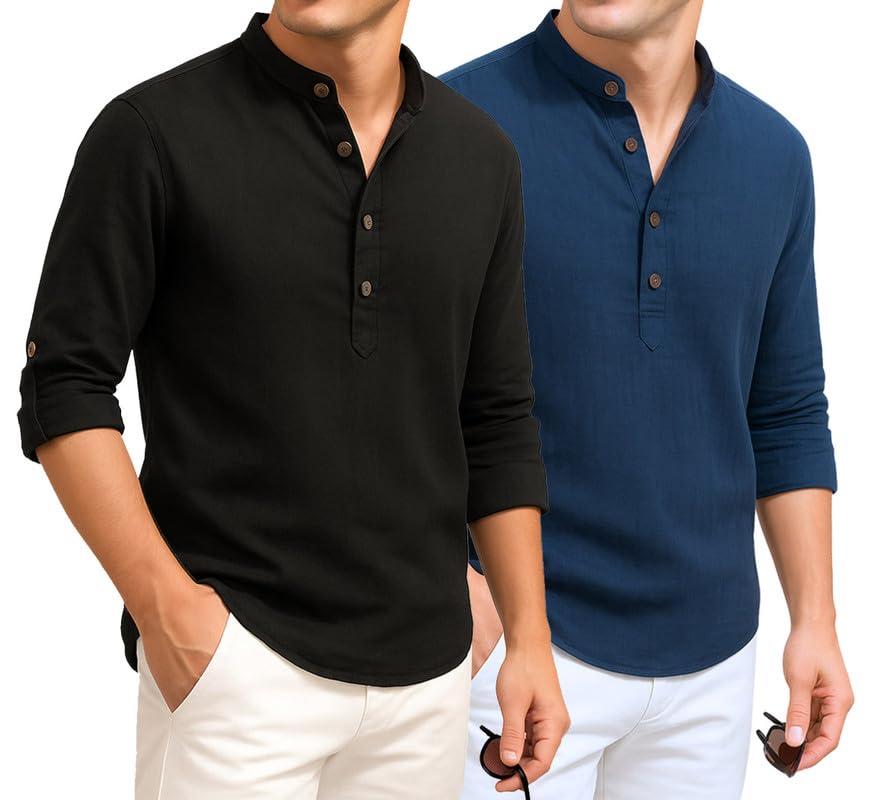 Image of DEELMO Combo of Men's Cotton Blend Solid Regular Fit Full Sleeve Short Kurta | Men's Trendy Short Kurta Pack of 2