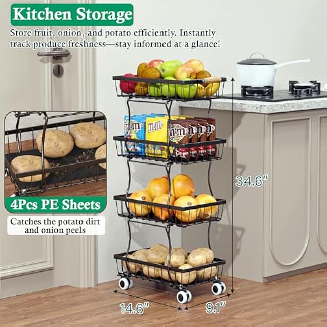 Fruit Basket, 4-Tier Small Kitchen Organizer and Storage Cart on Wheels, Rolling Pantry Snack Cart with Handle for Storing Fruit, Potato, Onion, Snacks, Vegetables, Bread, Produce-mB6z3s8y