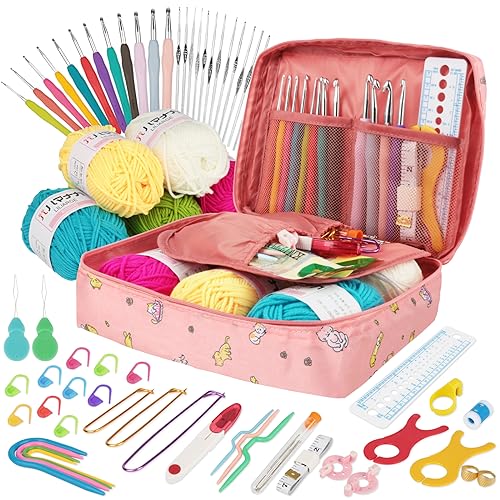 YINVA Crochet Hooks Set for Beginners Adults Crochet Kits Knitting Kit Ergonomic Metal Crochet Hooks Knitting Accessories Tools Crochet Wool Yarn Storage Case Needles Crochet Starter Kit