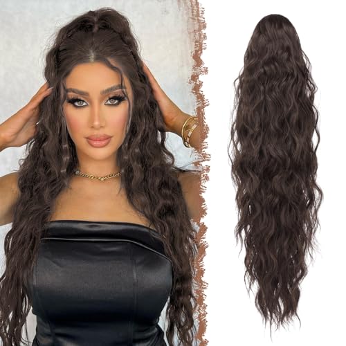 FESHFEN Ponytail Extensions - 26 inch Drawstring Long Curly Wavy Clip in Ponytails Synthetic Hair Piece Pony Tail Hairpieces for Women, Chocolate Brown Mixed Dark Brown