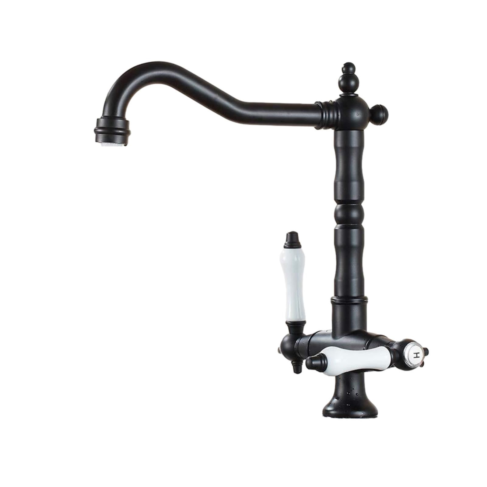 Kitchen Tap Double Handle Hot and Cold Faucet Full Copper Vegetable Sink Dishwashing Basin Swivel Black