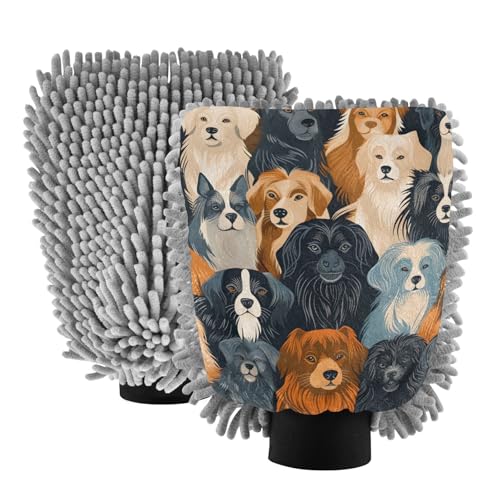 IOACIY Absorbent Microfiber Car Wash Drying Mitts, 2 Pack, Scratch-Free & Lint-Free, Rich Foam, Highly Absorbent, Double Sided, Wash Mitt Perfect for Car Washing, L, Cute Dog (1)