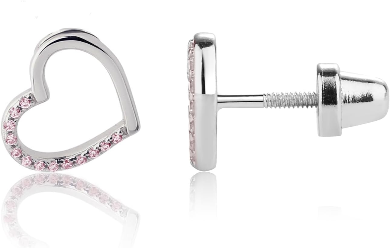 Cherished Moments Children's .925 Sterling Silver or 14k Gold Plated Floating Heart Screw Back Earrings with Pink or Clear CZ's for Babies, Little Girls, Kids and Toddlers