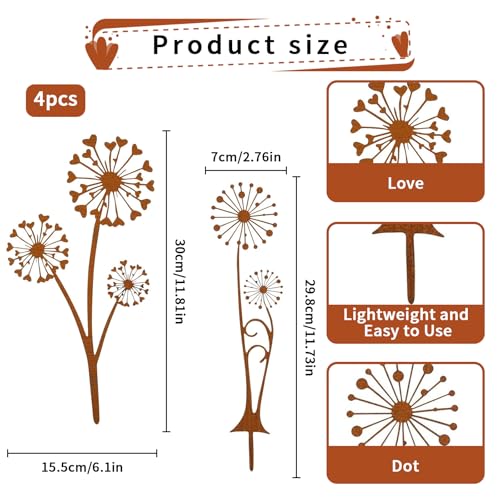 Rusokufo 4 Stück Rost Dekorative Gartenpfähle Metall, Pusteblume Metall Rostdeko Gartenstecker für Pflanzenbeet, Terrasse, Blumentopf und Outdoor Gartendekoration