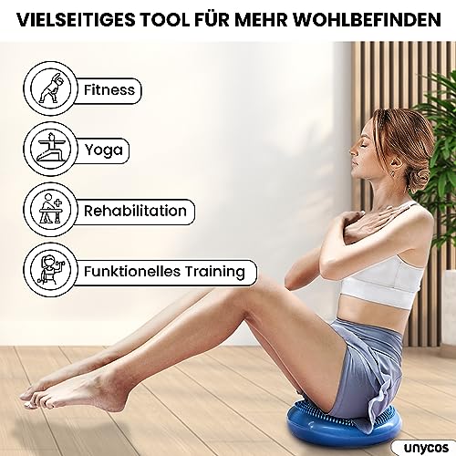 unycos - Ballsitzkissen inkl. Pumpe【Ø34 cm | Trägt 150 kg】Orthopädisches Sitzkissen Anti-Burst, Noppenkissen, Balance Pad, Luftkissen für Bürostuhl, Fitness, Reha/Koordinations (Blau; Basic)