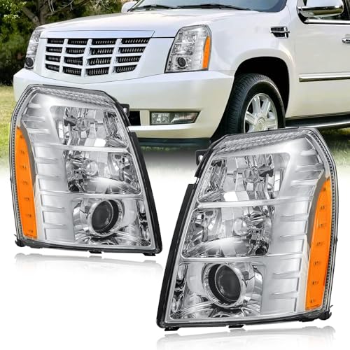 Fullux HID Projector Headlight Assembly for 2007-2014 Cadillac Escalade/2007-2014 Escalade ESV/2007-2013 Escalade EXT Left Right Side Headlamp Chrome Housing Amber Reflector