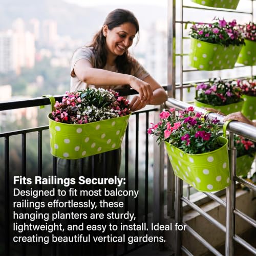 Image of TrustBasket Dotted Oval Railing Planter Basket - Green (Set of 5) | Heavy-Duty UV Stabilized Metal Flower Pots for Railings, Fence & Balcony, Indoor Outdoor Herb, Flower & Decorative Plants
