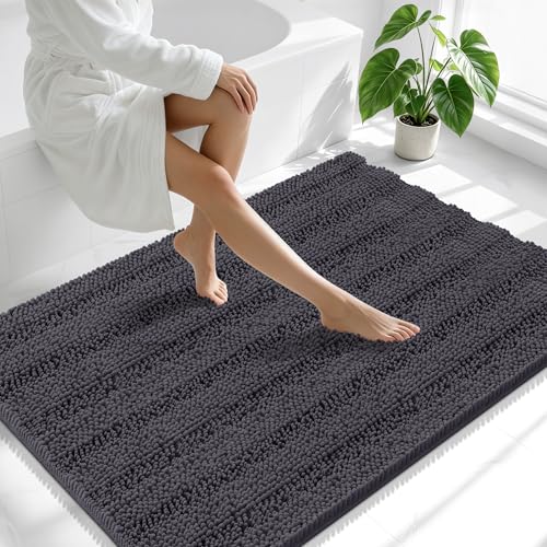 Image of Smiry Thick Chenille Large Bathroom Rugs 47x32, Extra Soft Absorbent Striped Bath Mat, Machine Washable, Rubber Backing, Bath Rugs for Bathroom, Tub & Shower, Home Decor Accessories, Dark Grey