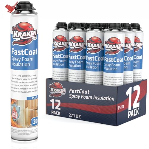 Kraken Bond Fastcoat Fire Rated Spray Foam Insulation (12x27.1 oz.) (R-Value 11.32 / 2in) Closed Cell Expanding Foam - Heat and Acoustic Insulation, Gun & Cleaner Not Includes, 240 Board Ft, 12 Pack