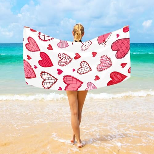 Hearts Beach Towel 30' x 60', Super Absorbent Bath Towel Quick Dry Lightweight Towel for Beach Yoga Travel Swim Camping Holiday