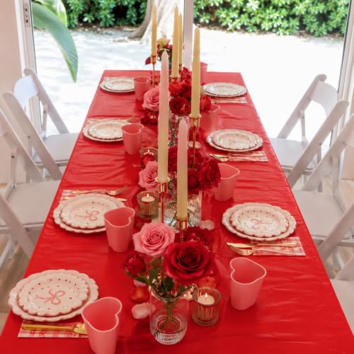 Image of Blue Orchards Red Plastic Table Cover (Pack of 3 with 20 Glue dots) - 54 inch x 108 inch - Bright Red Waterproof Disposable Tablecloth, Birthday, Baby Shower, Party Supplies, Graduation, Holiday Decorations