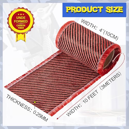 Image of Jecery 9.84 ft x 4 Inches Red Aramid Carbon Fiber Fabric Sheet 2x2 Twill Weave 3k / 200g Pure Synthetic Carbon Fiber Cloth Roll for Structural Reinforcement on Concrete Walls, Basements, Boats