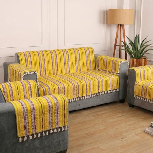 Image of Gifts Island Woven Acrylic Cotton Sofa Cover Mat, Yellow Striped with Decorative Tassels, Non-Slip Design with Elastic Straps, 3 Seater and 1 Seater Mats with 6 Armrest Covers (Yellow, 3+1+1 Seater)