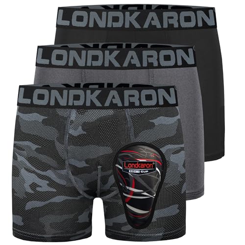 Londkaron 3-Pack Youth Boys Stretch Boxer Briefs w/Soft Protective Cup Elite Boxer Jock for Baseball & Football (Medium Black/Grey/Camo)