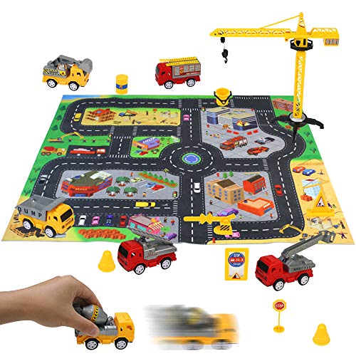 Macchinine Bambini Giocattolo con Tappeto da Gioco per attività 6 Pezzi Automobiline Modellini Camion Pompieri Escavatore Gioco Educativo per Bambini 3 Anni