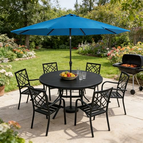 Image of SUNCROWN 8-Piece Outdoor Wrought Iron Chairs and Table Patio Dining Furniture Set-6 Stackable Metal Chairs, 1 53 inch Round Bistro Table and 1 Sky Blue 9Ft Patio Umbrella for Garden Backyard Deck