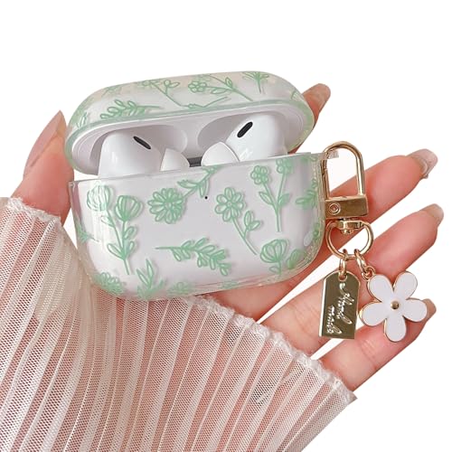 Image of MINSCOSE Compatible with AirPods Pro2 Clear Case,Cute Flower Floral Aesthetic Design with Flowers Keychain, Soft TPU Protective Shockproof Case for Women Girl for Airpods Pro2-Green