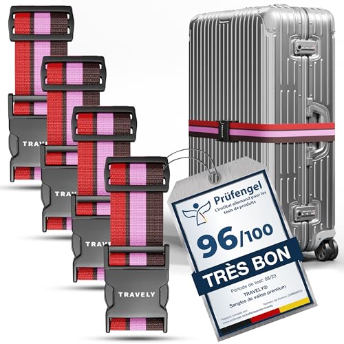 Travely® Lot de 4 sangles de valise de qualité supérieure, particulièrement attrayante et sûre, avec 2 étiquettes à bagage, sangle de bagage idéale en...