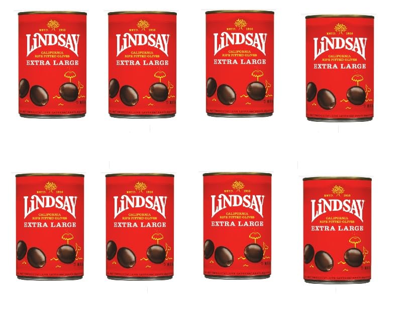 LINDSAY Extra Large Black Ripe Pitted Olives With Sea Salt No Artificial Flavors Kosher Pitted NON GMO 6 oz Cans (8 Pack)