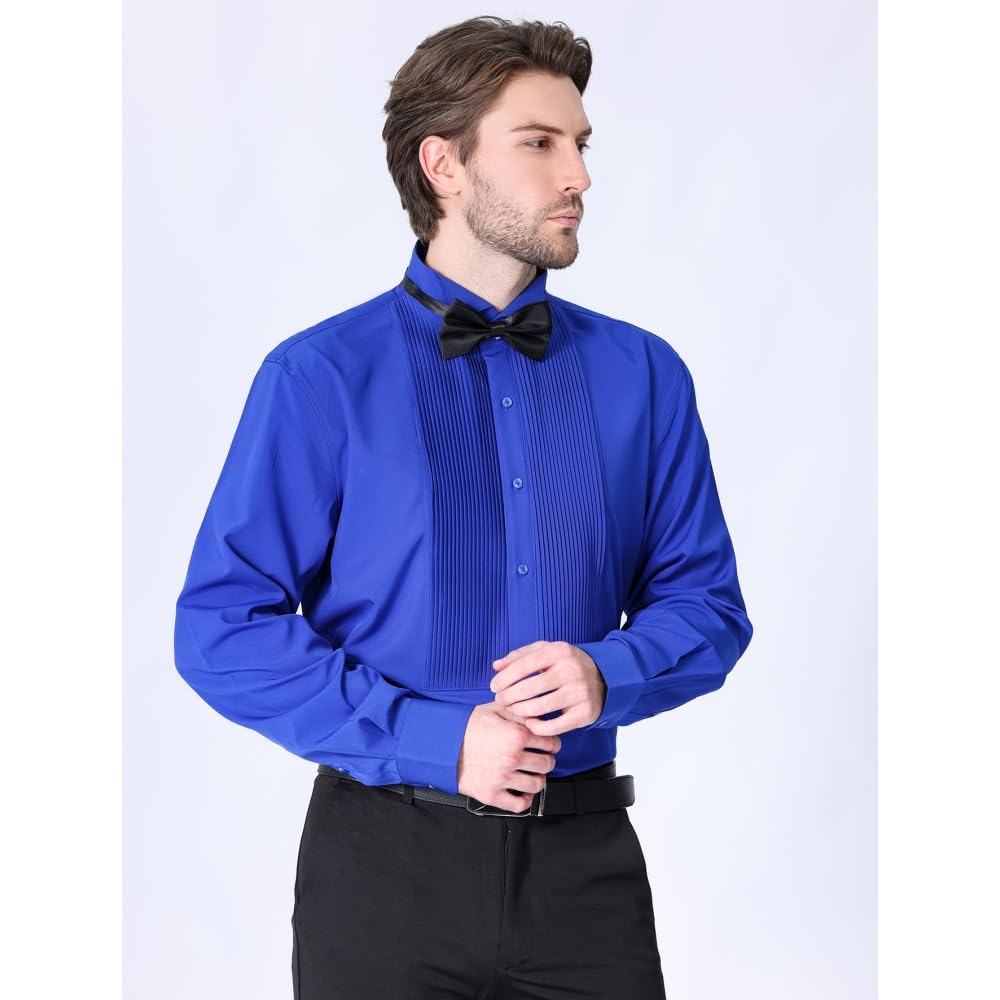 Camisa de esmoquin para hombre, camisa de vestir formal con puntadas plisadas en la parte delantera, camisas de doble puño con pajarita para fiesta de graduación, boda