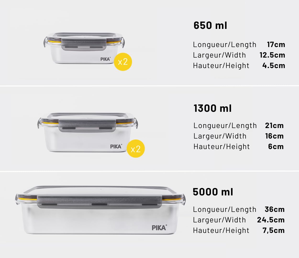 Pika | Lot de 5 boites alimentaires en inox |1x 5000ml + 2x 1300ml + 2x 650ml | Spécial Batch cooking | Compatible au micro-ondes, four, congélateur | Rangement facile