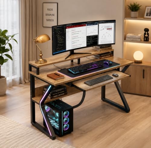 Image of TEKAVO Plik Computer Table for Home Pc | Office Table for Home | Shelf, Moniter Riser & Keyboard Tray, Laptop Table, Worktable, Study Table, Workstation | Forest (150 Cm x 60 Cm) DIY